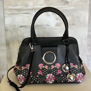 Calvin Klein Reese Floral Printed Saffiano Black Studded Floral Satchel